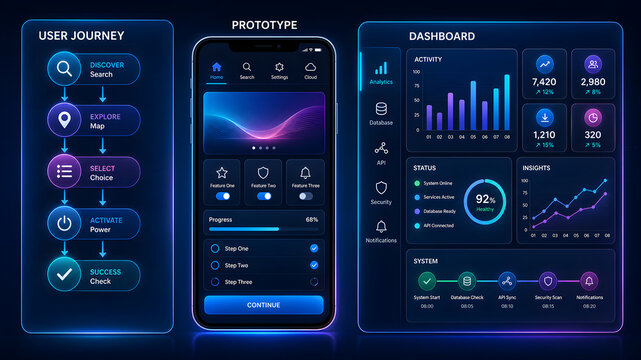 Mobile app prototype and dashboard screen layout