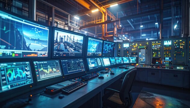 High-Tech Industrial Control Room with Multiple Monitors Displaying Data and Graphics