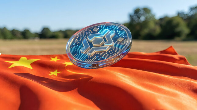 conceptual photograph of a translucent glowing digital currency network coin hovering above a fluttering Chinese national flag outdoors under clear natural sunlight. The wind gently catches 