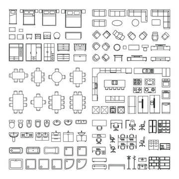 Interior furniture floor plan symbols vector pack. Top view architectural CAD blocks for dining, living, office and workspace layouts, seating arrangements, storage and space planning