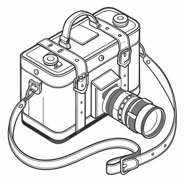 Vintage box style camera with a leather handle and shoulder strap, hand drawn on a plain white background