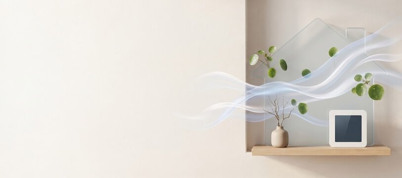 Clean indoor air concept with transparent house silhouette and air flow