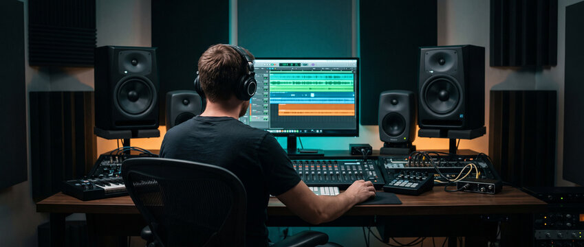 Professional condenser microphone mounted in a shock mount beside a digital audio workstation in a modern music studio, representing podcast recording and audio production.