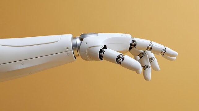 White robotic arm extending with fingers against a solid background