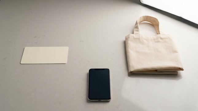 Blank loyalty card with smartphone and reusable shopping bag on light surface