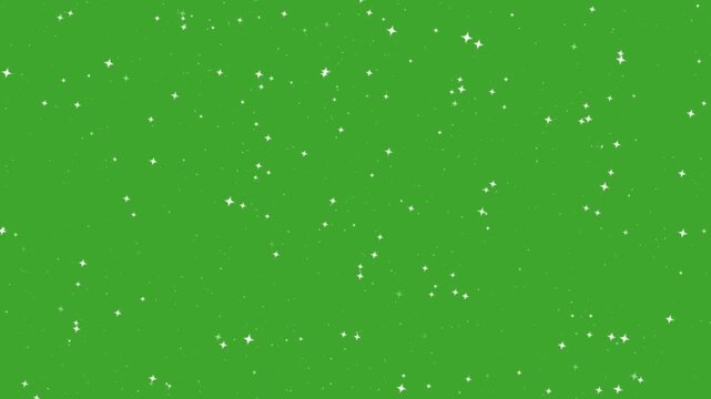 Abstract background featuring scattered white four-pointed star shapes and tiny glowing dust particles floating randomly on a solid bright green chroma key backdrop for easy video editing compositing

