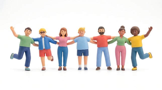 Eight diverse 3D cartoon figures standing in a line, holding arms, smiling, and representing unity and community on a white background.