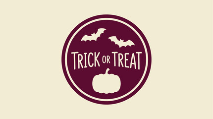 Obraz premium Autumn vector 'Trick or Treat' emblem with pumpkin and bats, set in a circular design for Halloween graphics and seasonal decorations
