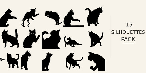 Fototapeta premium Cat Pouncing Silhouette - Fine Detail Hand Cut Silhouette Look Black Vector Clipart on White Background