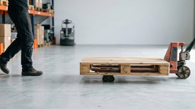 Warehouse worker moving empty pallet with pallet jack