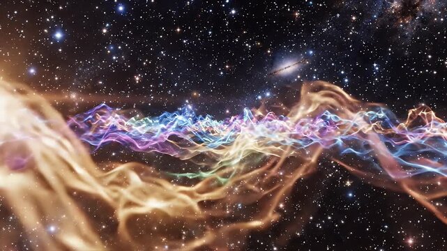 Cosmic Wave Nebula Abstract - A vibrant, abstract nebula forms colorful, wavy patterns against a dark, starry background.