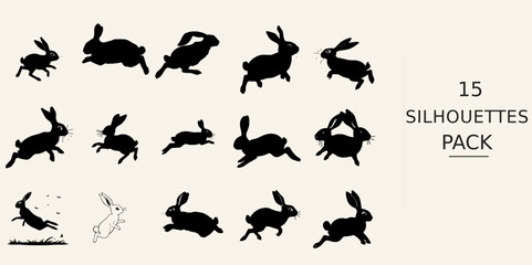 Fototapeta premium Rabbit Hopping Silhouette - Simplified Form Smooth Silhouette Outline Black Vector Clipart on White Background
