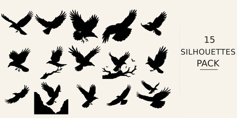 Obraz premium Raven Flying Silhouette - Powerful Pose Paper Cut Silhouette Style Black Vector Clipart on White Background