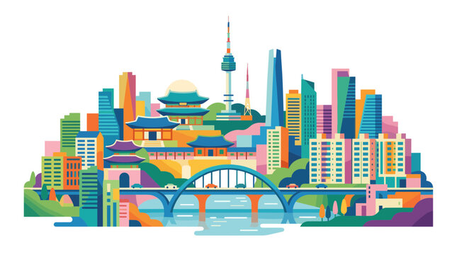Colorful Seoul South Korea Skyline Vector Illustration Featuring Iconic Landmarks N Seoul Tower, Traditional Palaces, Han River Bridge, and Vibrant Modern Skyscrapers in Flat Art Style.