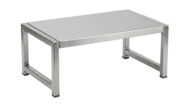 Cabinet shelf riser with a compact elevated rectangular platform, sturdy metal frame and clean open structure, designed to create an additional storage level inside kitchen cabinets. Photorealistic