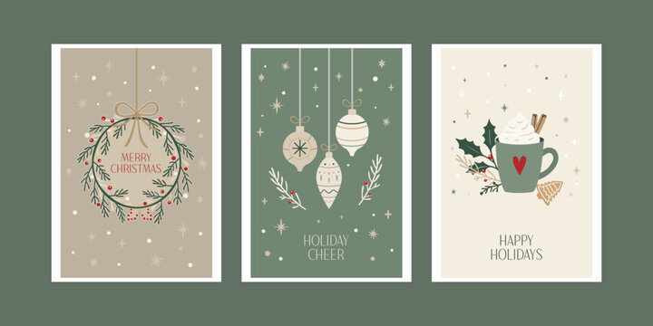 Set of three festive greeting cards with wreath, hanging ornaments and hot cocoa mug. Flat vector illustrations with holiday text on green and beige backgrounds, template for seasonal design.