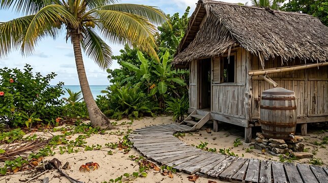 Rustic wooden hut with a rainwater barrel on a tropical beach with palm trees