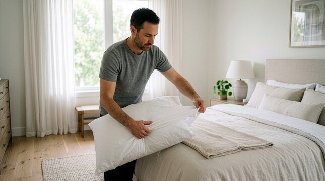 A focused mature man putting a fresh white pillowcase on a fluffy pillow, preparing the bed in a bright, modern, and clean minimalist bedroom with natural light coming from the window