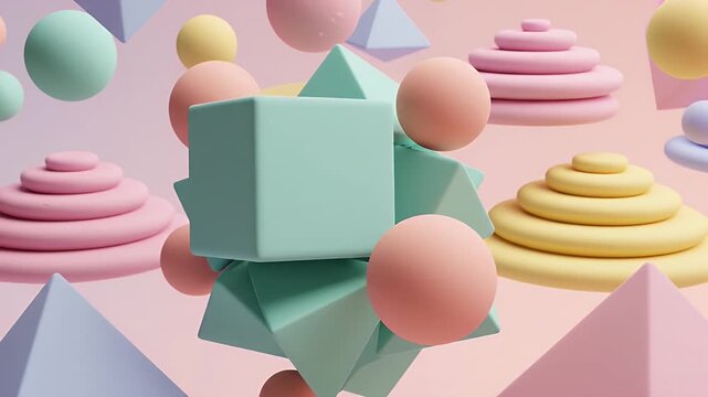 Pastel Geometric Shapes Abstract Background - A visually appealing abstract background features a chaotic yet harmonious arrangement of geometric shapes like cubes, spheres, and pyramids.