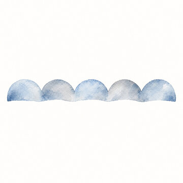 Abstract watercolor blue and gray half-circle border illustration, hand-painted texture, isolated on white background, gentle wavy pattern for decorative design elements