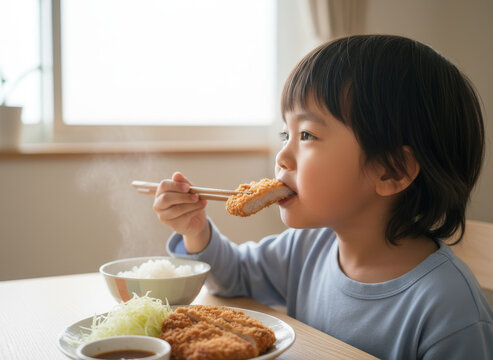 とんかつを夢中で食べる少年