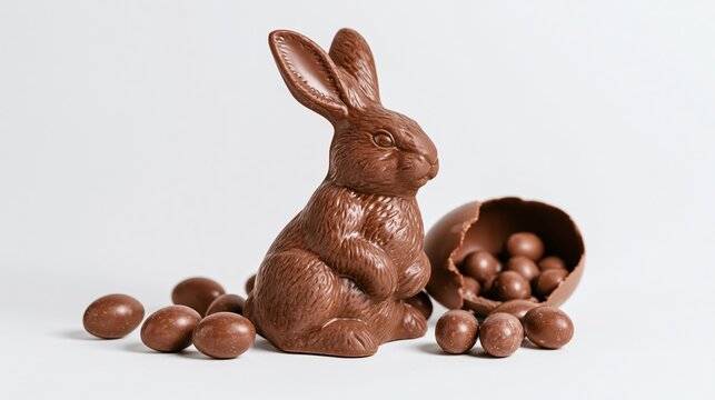 Chocolate bunny figurine with broken egg and scattered chocolate spheres on white background