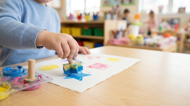 Child using sponge stamp with washable paint in classroom art activity