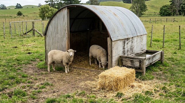 Two sheep standing near a rustic metal shelter with hay in a green pasture