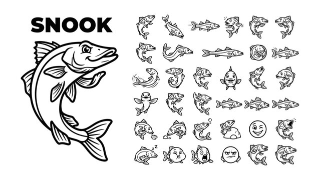Snook Fish Collection: A dynamic collection of line art illustrations featuring snook fish in various poses and expressions, accompanied by playful characters and fishing-themed icons.