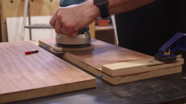 Carpenter sanding a wooden board with an orbital sander