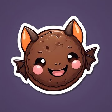 A cute chocolate cookie shaped like a tiny bat, simple orange icing details, adorable smiling face, playful not scary Halloween aesthetic, kawaii food sticker