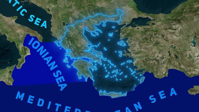 3D Animated Map of Greece Highlighting Regions, Surrounding Seas, Flag Overlay, and Mediterranean Archipelago Geography