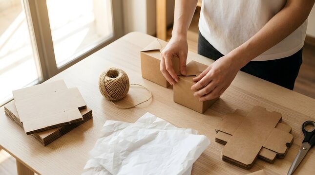 Close up of person's hands assembling small kraft paper boxes for eco-friendly packaging and shipping at a wooden workspace, small business owner preparing orders with sustainable materials.