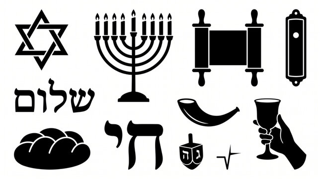 Judaism Religion Symbols and Hanukkah Holiday Vector Icons Set.