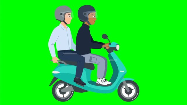 2D Flat Vector Animation of Two Men Commuting on a Scooter, Rideshare Concept on Green Screen