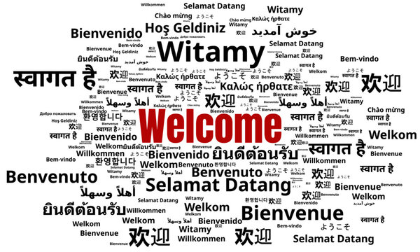 Multilingual Welcome Word Cloud Typography Concept Banner for International Hospitality