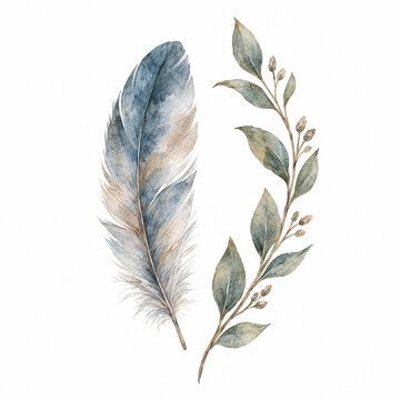 Watercolor feather and botanical branch illustration, delicate blue and brown tones, natural organic design, isolated on white, elegant decorative element