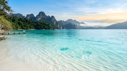Obraz premium A stunning tropical beach with crystal clear turquoise water, white sand, and dramatic limestone mountains in the background under a bright sunny sky.