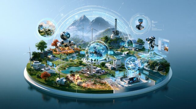 Futuristic smart city ecosystem with renewable energy and AI integration during daylight