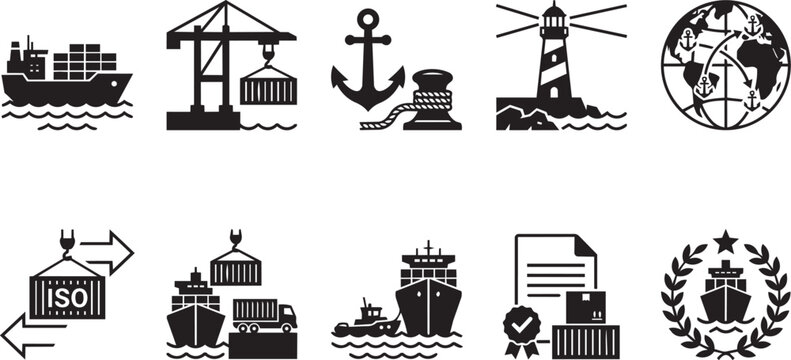Maritime shipping and international cargo logistics icon set with container vessel seaport crane anchor lighthouse tugboat and customs declaration glyph symbols