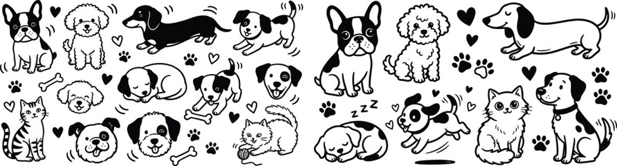 Obraz premium Dogs and Cat Hand Drawn Doodle Vector Set. 