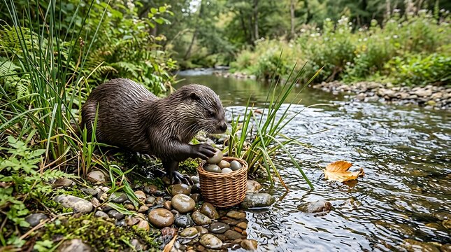 Wet river otter placing a small pebble into a woven basket on a rocky stream bank