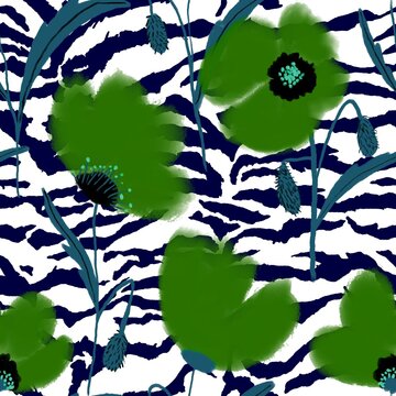 Abstract Digital Painting Poppy Flowers and Leaves Seamless Textile Pattern with Zebra Tiger Stripes Animal Skin Background