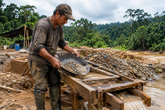 Trabajador realizando extracci&oacute;n artesanal de oro en la selva