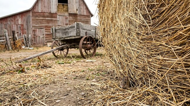 Small mouse hiding behind a large round hay bale on a farm with a rustic barn