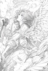Obraz premium Ethereal angel with wings in heavenly clouds.