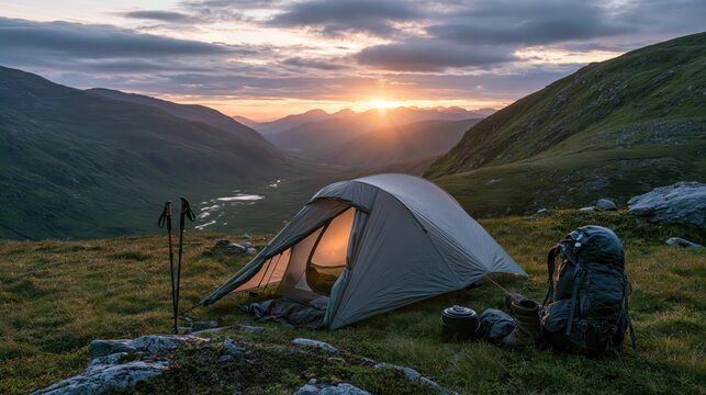 Campsite in mountain valley during sunrise with backpack and trekking poles