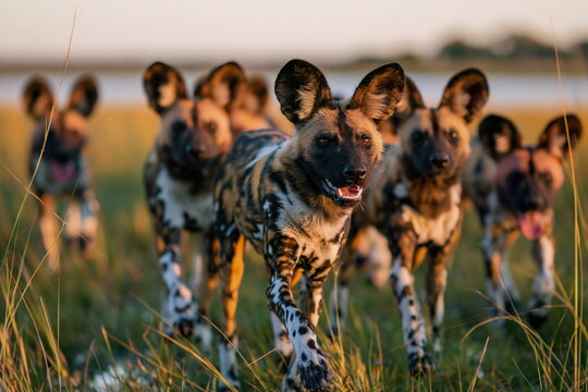 Dynamic Group of African Wild Dogs Strategically Coordinating in a Thrilling Hunt Across the Sunlit Savannah