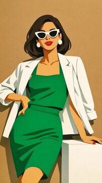 Stylish Woman in Green Dress and White Blazer with Sunglasses