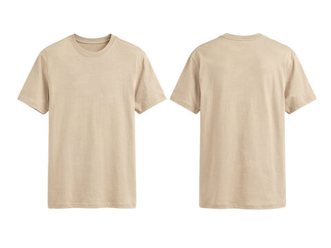 Front and back view of a beige t-shirt isolated on transparent background